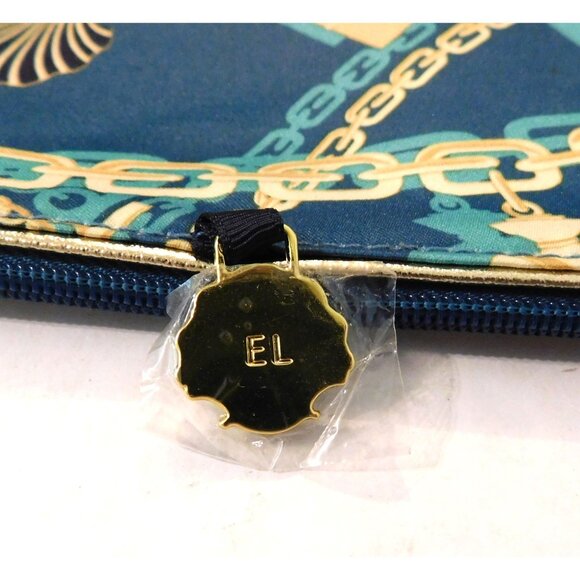 Estee Lauder Gold Seashell Charm Blue Cosmetic Makeup Bag Blue Beige Zip Closure - Picture 3 of 7